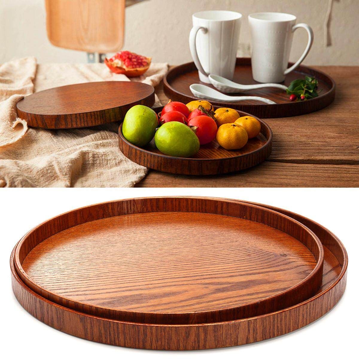 Round Wooden Plate Natural Wood Serving Tray Tea Food Server Dishes Platter 33cm Not Specified