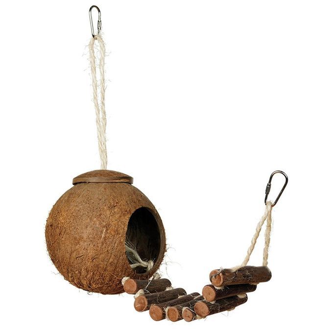 Natural Coconut Shell Bird Nesting House Pet Parakeets Finches Sparrows Cage Wood Color