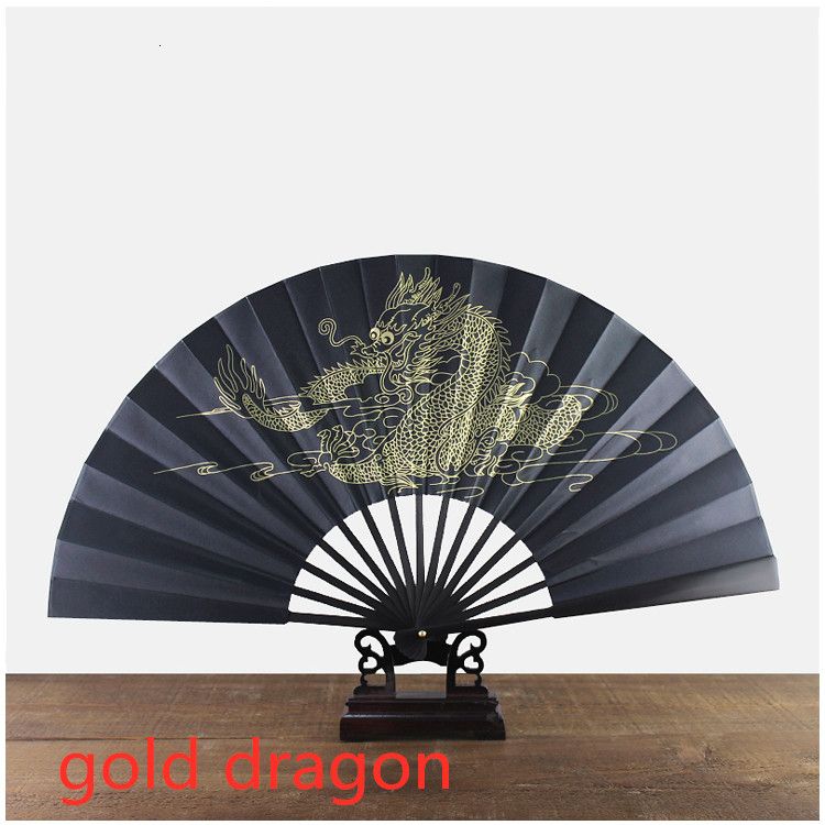Bamboo Fan Black Gold Fan Hand Silk Man Crafts 10" Vintage Large Folding Fan Chinese Ethnic Traditional Dragon