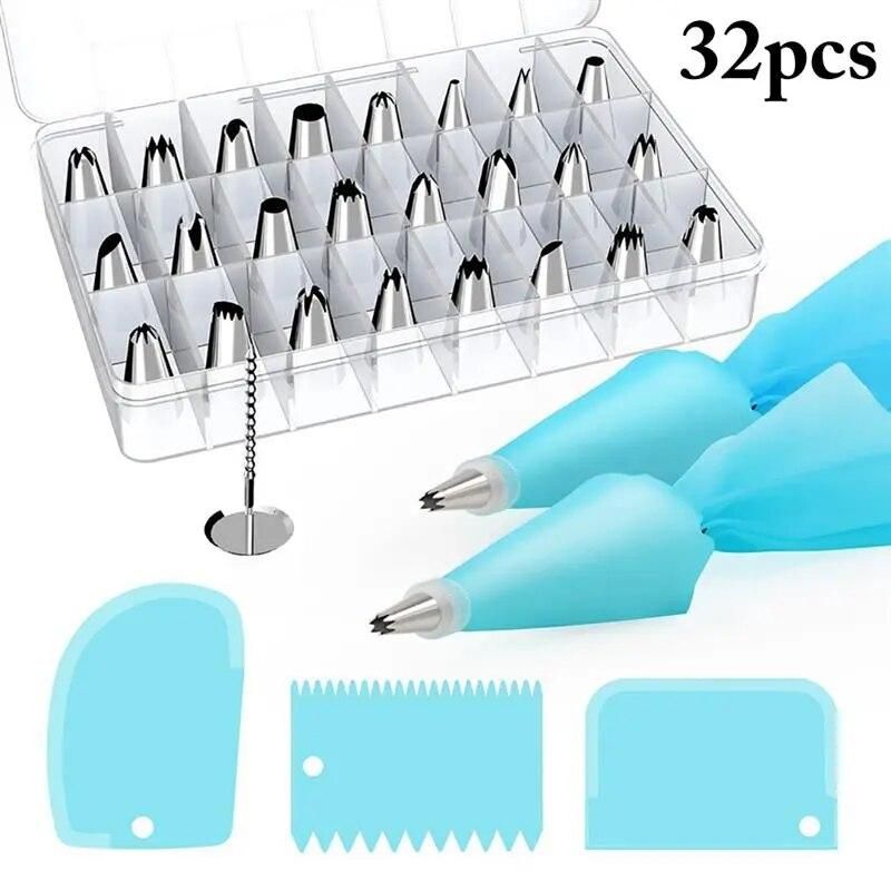 32PCS Russian Piping Tips Set +Bag DIY Stainless Steel Pastry Piping Nozzles Icing Piping Kitchen Baking Cake Decorating Tools