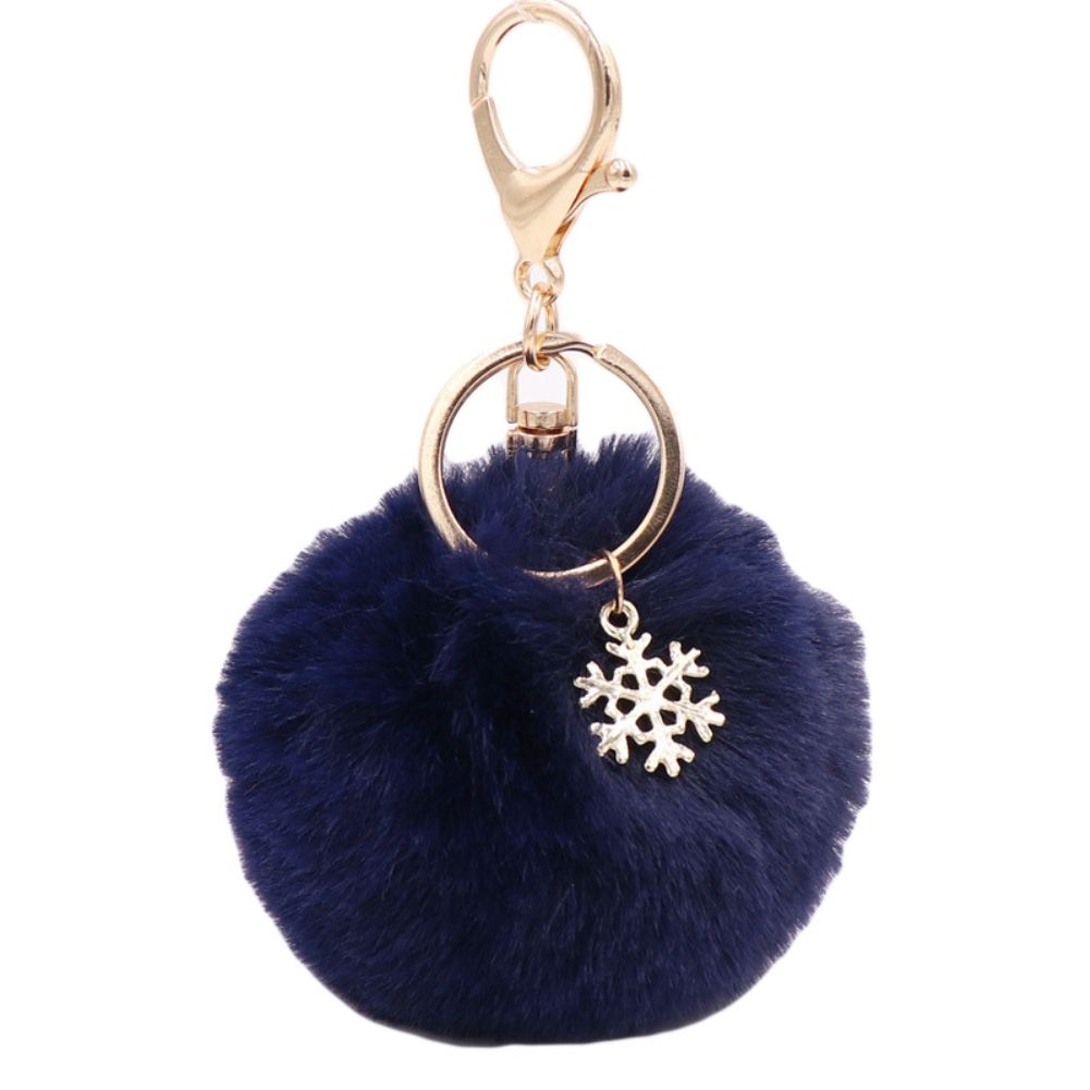 Snowflake Fluffy Pompom Ball Key Chain Ring Holder-Navy Blue