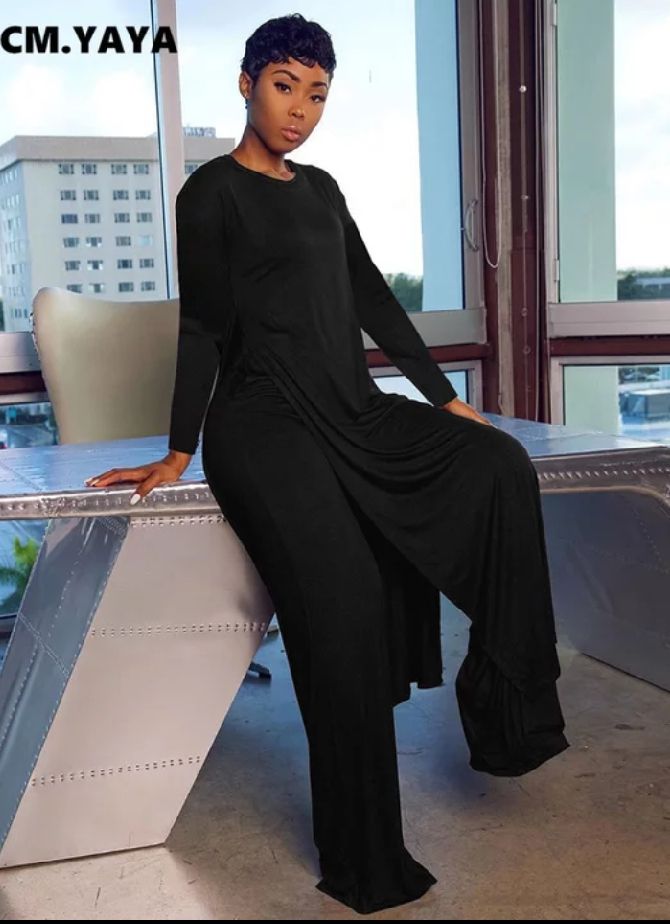 Chic Black Long Sleeve Slit- 2pieces