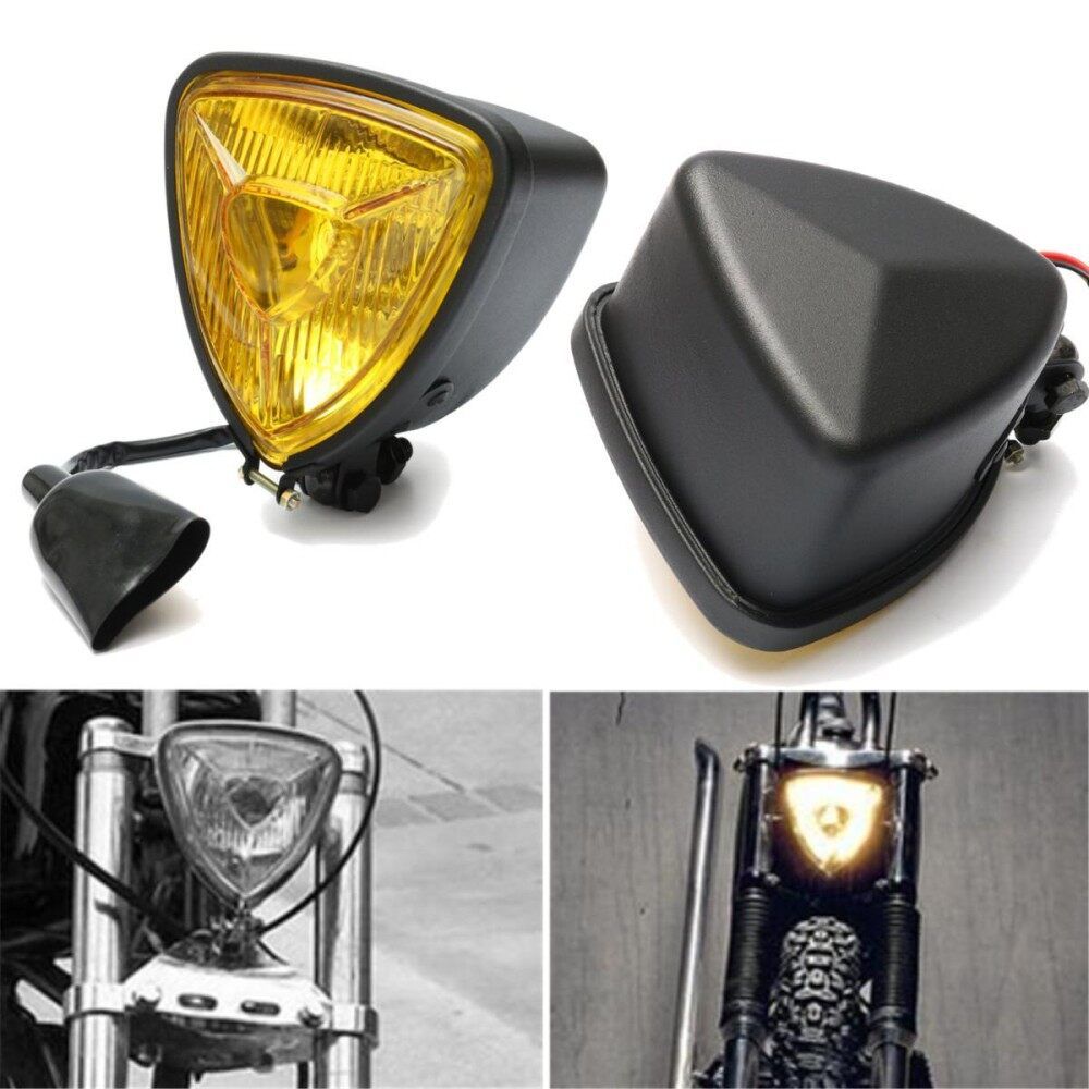 Motorcycle Triangle Headlight Head Lamp Hi/Lo Beam For Harley Chopper Touring Black Yellow Glass