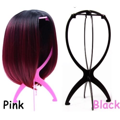 Set of 2  Adjustable Wig Stands - Black & Pink