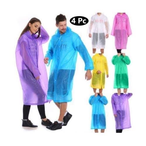 Unisex Transparent Rain Coat With Hood - 4pcs