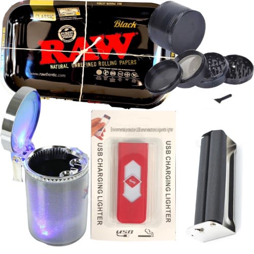 Combo - Black Raw Rolling Tray + Car Ashtray With Led,USB Lighter - Joint Roller And Grinder