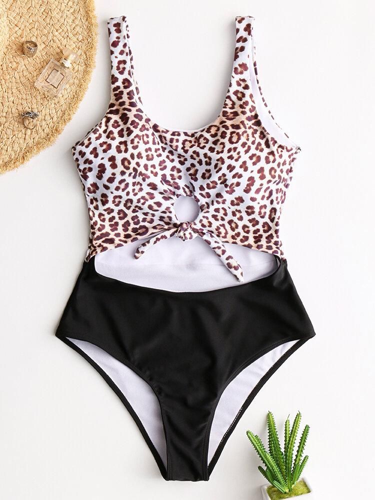 Women Tie Front Cut Out Swimwear Leopard Patchwork One Piece