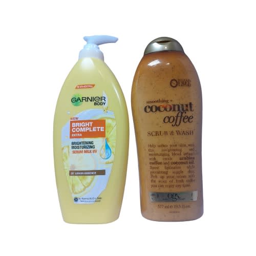Garnier Bright Complete Body Lotion 400ml & Ogx Smoothing Coconut Coffee Scrub & Body Wash - 577ml