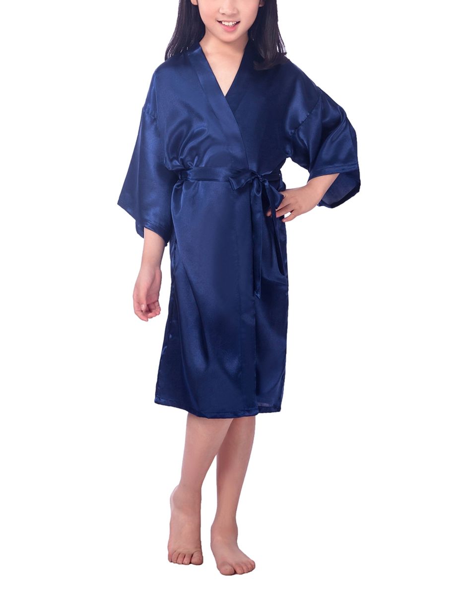 Kids Plain Hip-Length Kimono Robe Short Bathrobe Sleepwear (Blue)