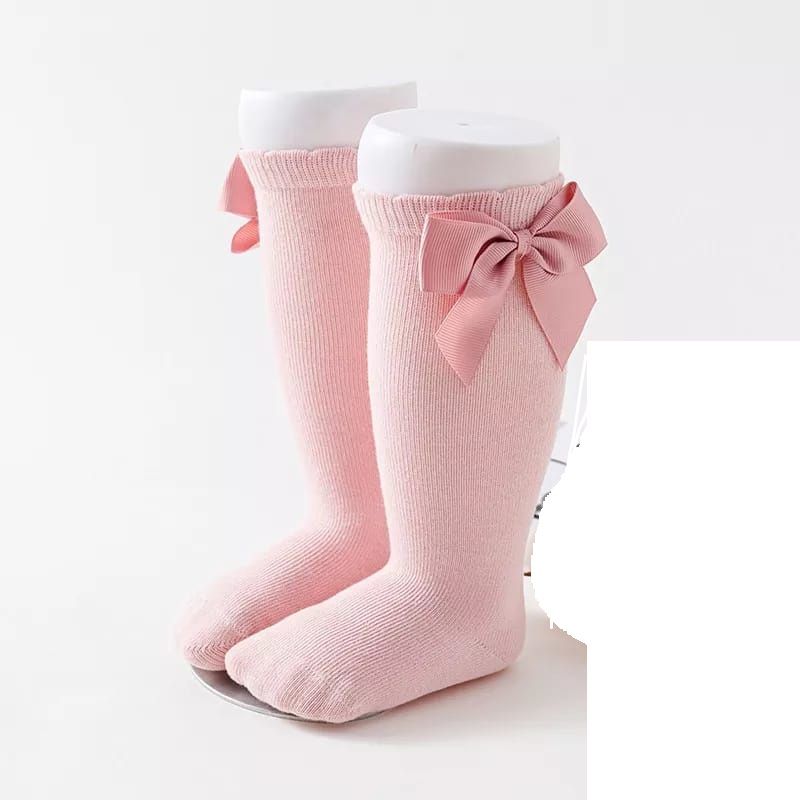 Girl Fashionable Knee Bow Socks - Thick Solid Design - Pink
