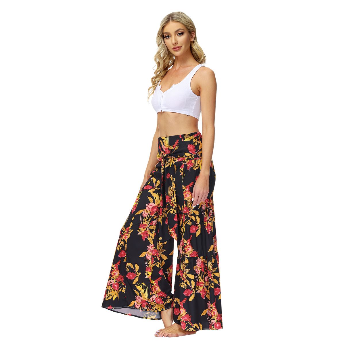 Ladies Beach Wide Leg Pants Tie Pants Digital Printing Loose Casual Pants