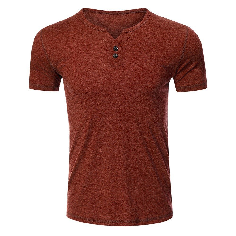 Men Short Sleeved T-shirt O Neck Buttons Solid Street Summer Tees Casual Tops-burgundy