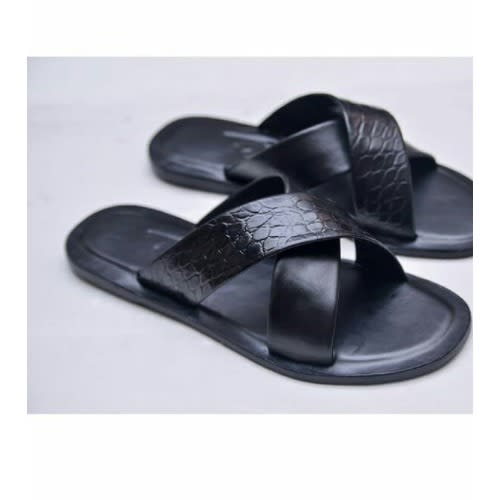 Crossed Leather Slippers - Black