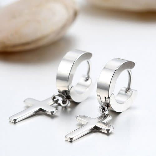 Dangle Cross Stainless Steel Hoop Earrings For Men