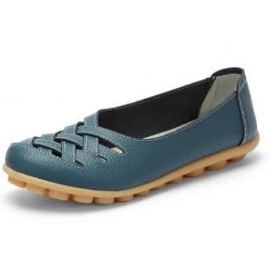 Wealth Hollow Leather Flat Shoes -Blue