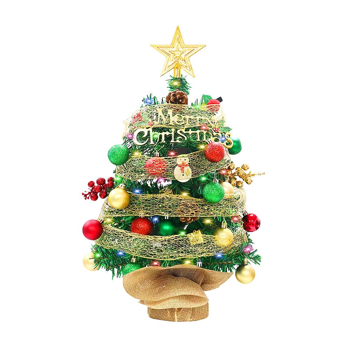 1.5FT LED Tabletop Christmas Tree with Battery Powered LED String Lights Top Star Red Green Balls Ribbon Mini Artificial Christmas Tree for Holiday Decoration