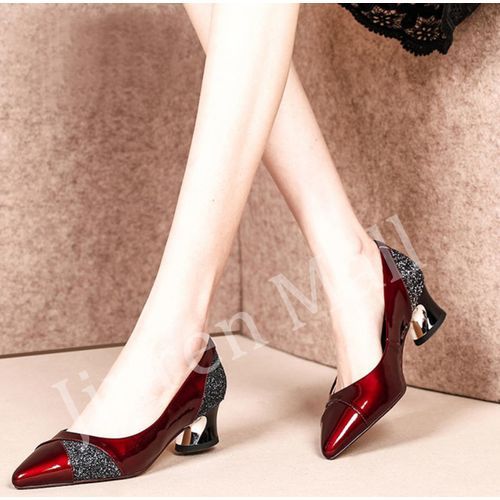 Ladies Fashion Pointed Toe Thick Heel Single Shoes-Red