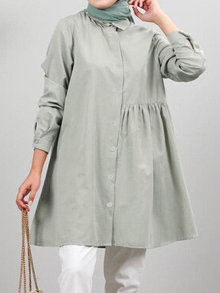 Women Solid Color Asymmetric Pleating Button Long Sleeve MuslimBlouse
