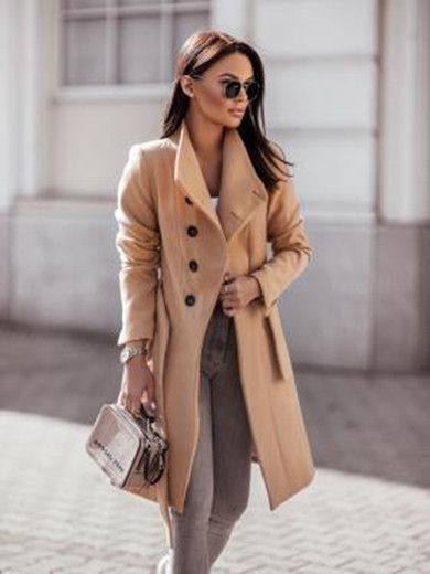 Women's Felt Trench Coat Single Breasted Lapel Collar Winter Long Jacket