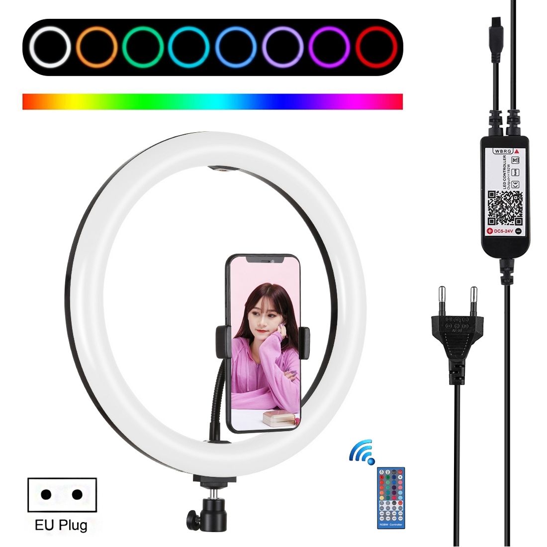 PULUZ 12 Inch RGB Dimmable LED Ring Vlogging Selfie Photography Video Lights With Cold Shoe Tripod Ball Head & Phone Clamp(EU Plug)