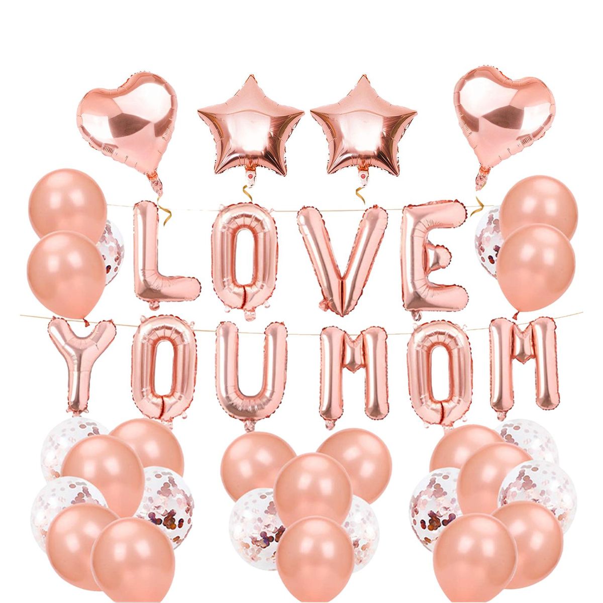 42PCS Rose Gold Mother's Day Party Decorations Set Love You Mom Party Supplies Sequin Balloons 2 Rolls Ribbon for Festivals Party Decorations