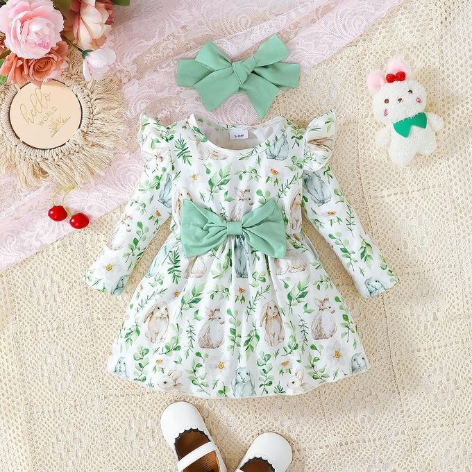 Catpapa 3-24 month baby girl summerwinter dress with hairband flowing cuffs and cartoon rabbit print