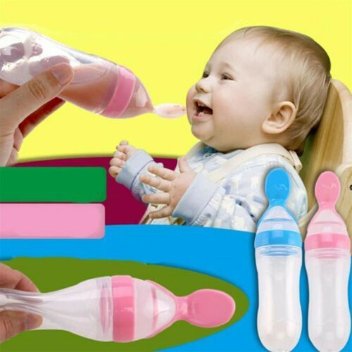 Baby Squeeze Feeding Bottle With Spoon Food Cereal Feeder