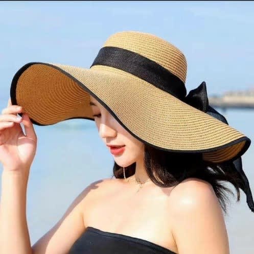 Womens Large Brim Straw Hat - Brownblack