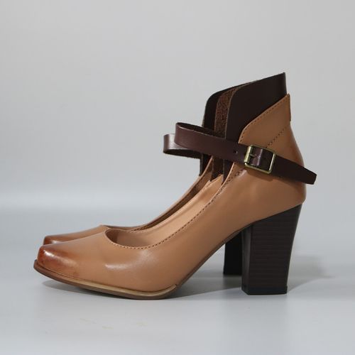 Ladies Thick High Heels Big Size Sandals Female Pointed Buckle Shoes Brown