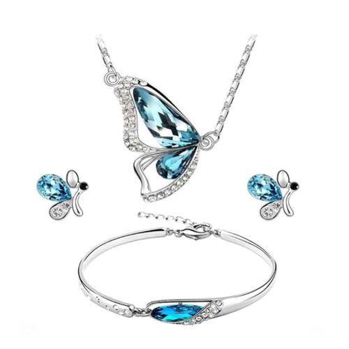 Butterfly Rhinestone Pendant Necklace Stud Earrings-Blue