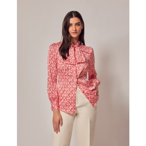 Cream & Red Geometric Hearts Satin Pussy Bow Blouse