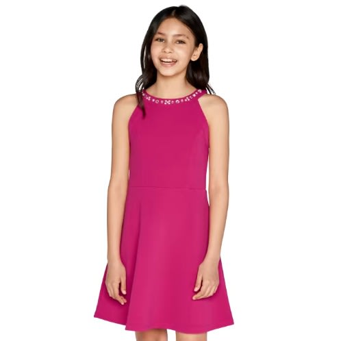 Girls Jewelled Stretch Jacquard Dress - Palm Pink
