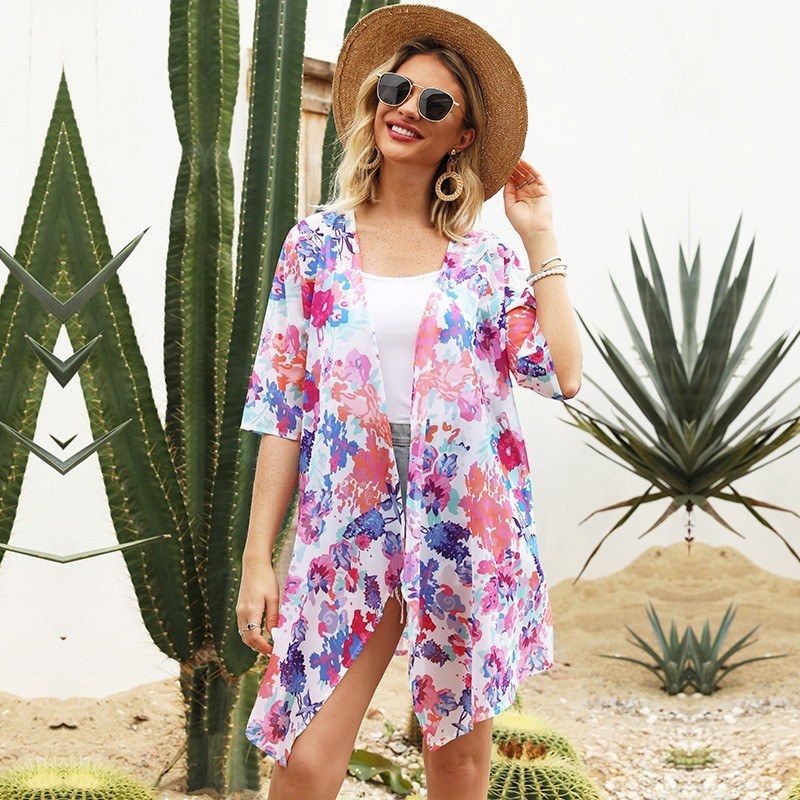 Fashion Women Summer Floral Print Cardigan Short Sleeve Thin
