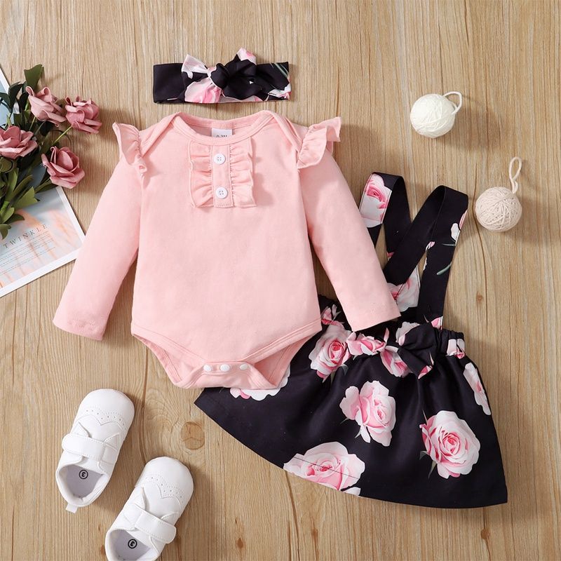 Baby Girls Dresses Long Sleeve Bodysuit Floral Design Suspender Skirt With Headband