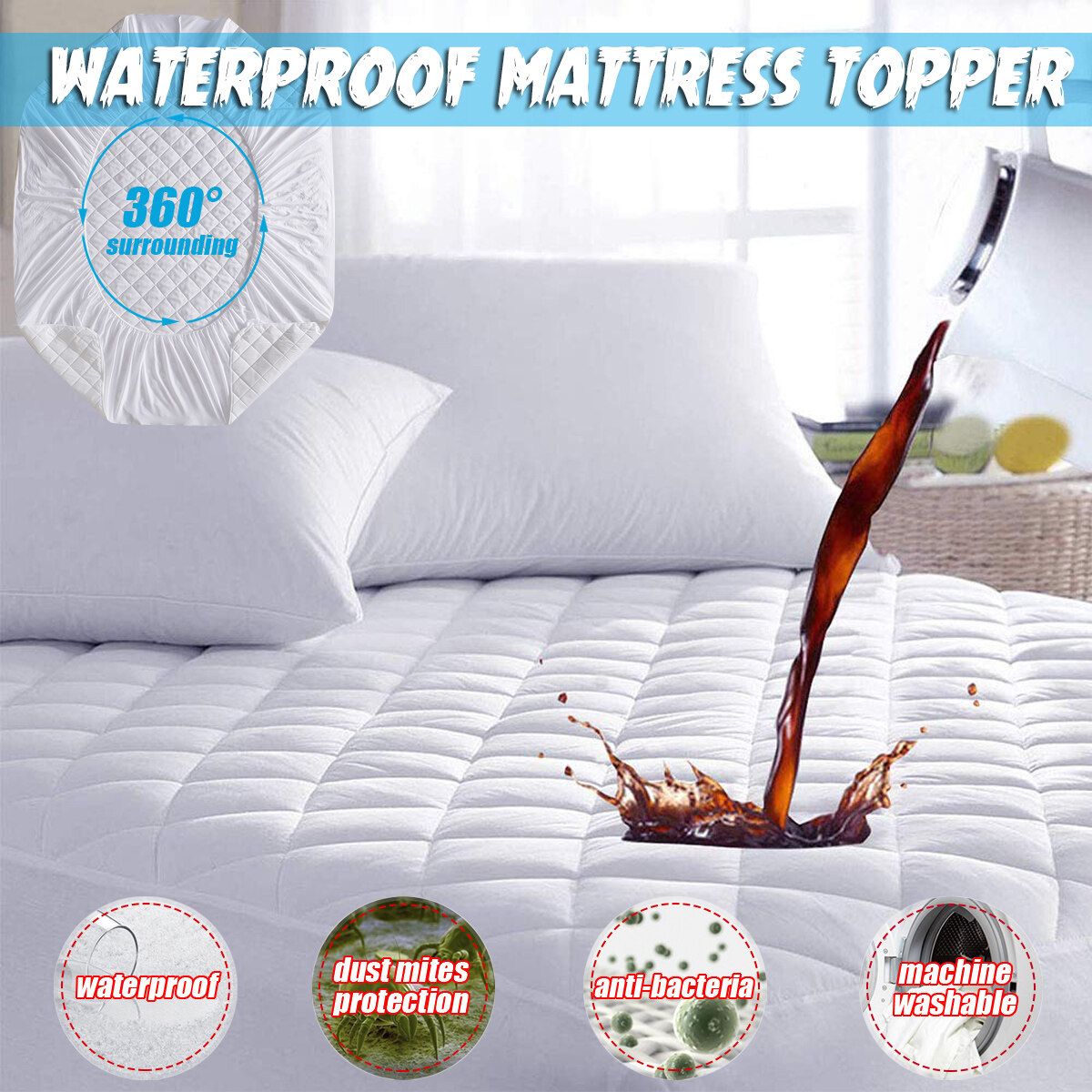 Home Clean Decor Waterproof Mattress Topper Protector Pad Hypoallergenic Against Dust Mites 13 Sizes 72x84+18inch