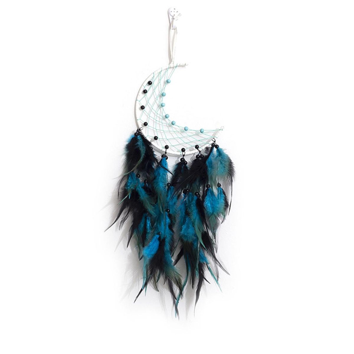 Boho Chic Lunar Dreamcatcher Handcrafted Feather Wall Hanging for Home Black Blue