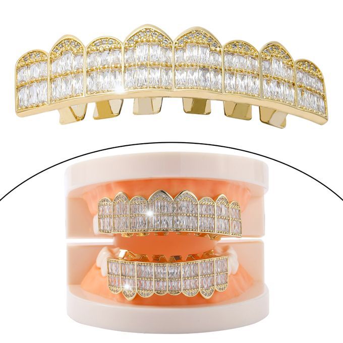 Copper Diamond Teeth Grill Braces Top And Bottom Fangs Golden Upper