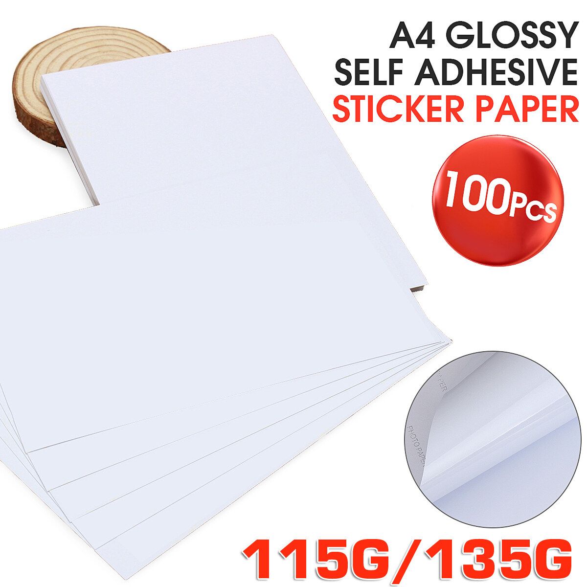 A4 100 Sheets Inkjet Laser Waterproof Sticker Adhesive Glossy Photo Print Paper 115g