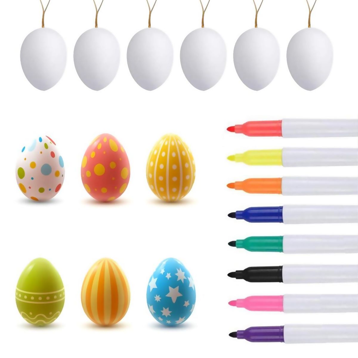 50pcs DIY Easter Eggs 8pcs Color Pens Hanging White Plastic