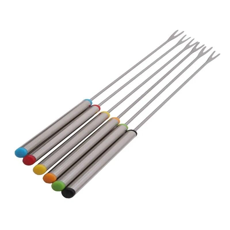 High Quality 6PCS/Set Stainless Steel Chocolate Fork Hot Pot Forks Cheese Fruit Dessert Fork Fondue Melting Skewer Kitchen Tools