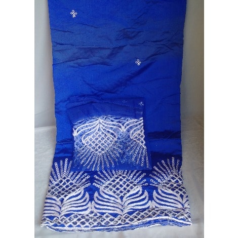 Blue Indian George With White Embroidery - 7 Yards