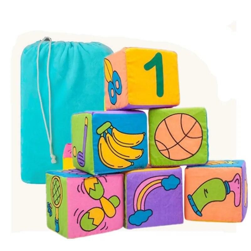 6pcs Plush Baby Mobile Cube Toys Baby Building Blocks Rattles Early Learning Infant Newborn Baby Educational Toys 0-12 Months