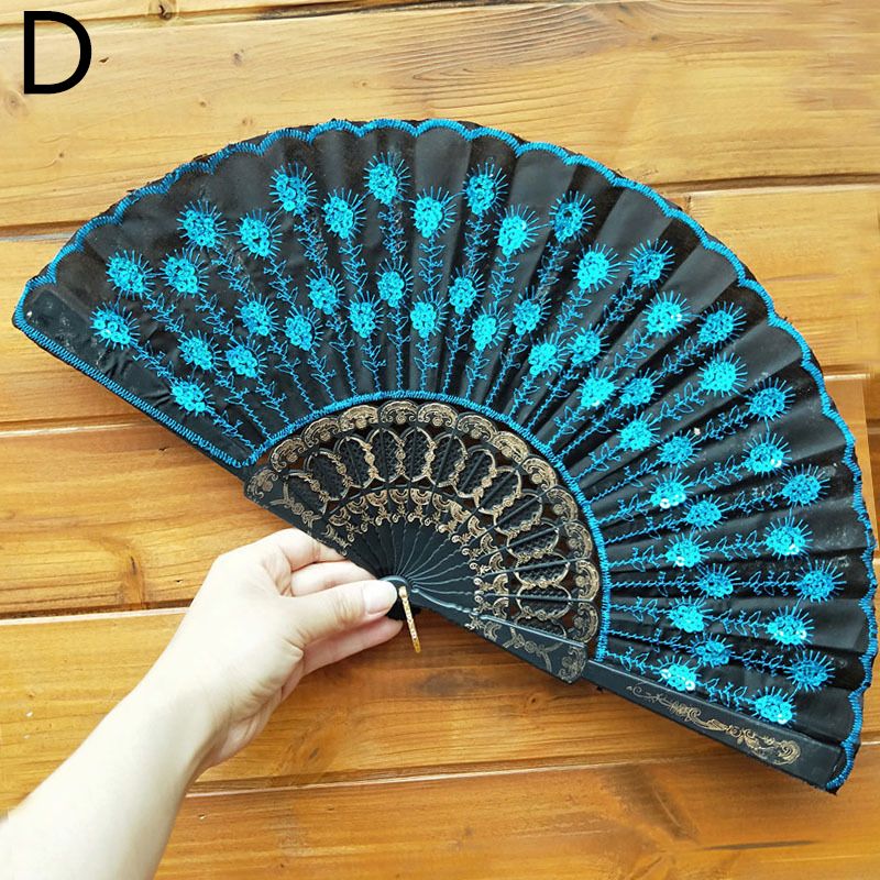 Feather Art Tail Embroidery Decor Plastic Print Fan Crafts Bone Hand Fan Sequins Summer Accessory Carved Folding Home