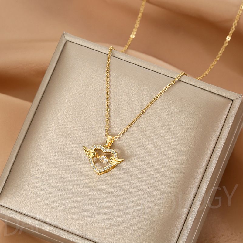 N012 Ladies Luxurious Diamond Angel Wings Necklace-Gold-like