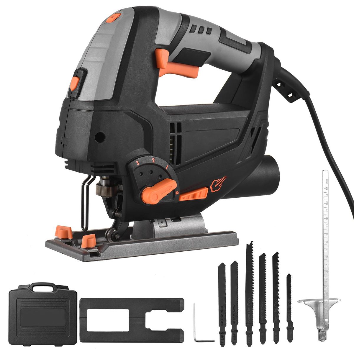 800W 6.7A Electric Jigsaw 3000SPM Variable Speed Jig Saw with 6 Blades for Wood Plastic Metal Cutting, 45-degree Bevel Cutting, 4 Orbital Sets, Laser Guide LED Light, Scale Ruler, Dust Vacuuming Port