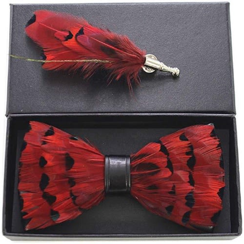 Men's Handmade Feather Pre-tied Bow Tie And Brooch Set - Red