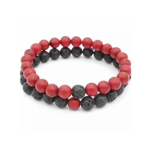 2 In 1 Sunset Matt Stone Beads Bracelet - Red & Black