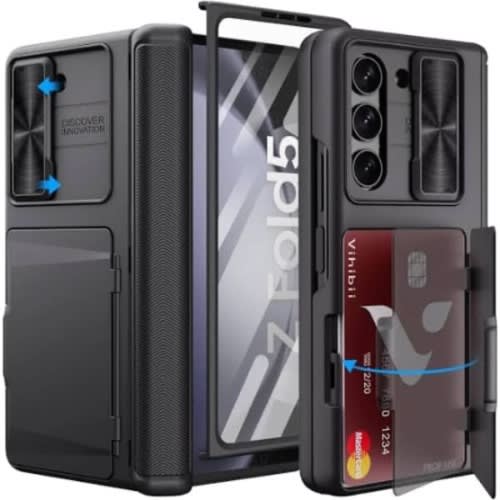 Case With Card Holder & Sliding Camera Lens Cover For Samsung Galaxy Z Fold 5 5G
