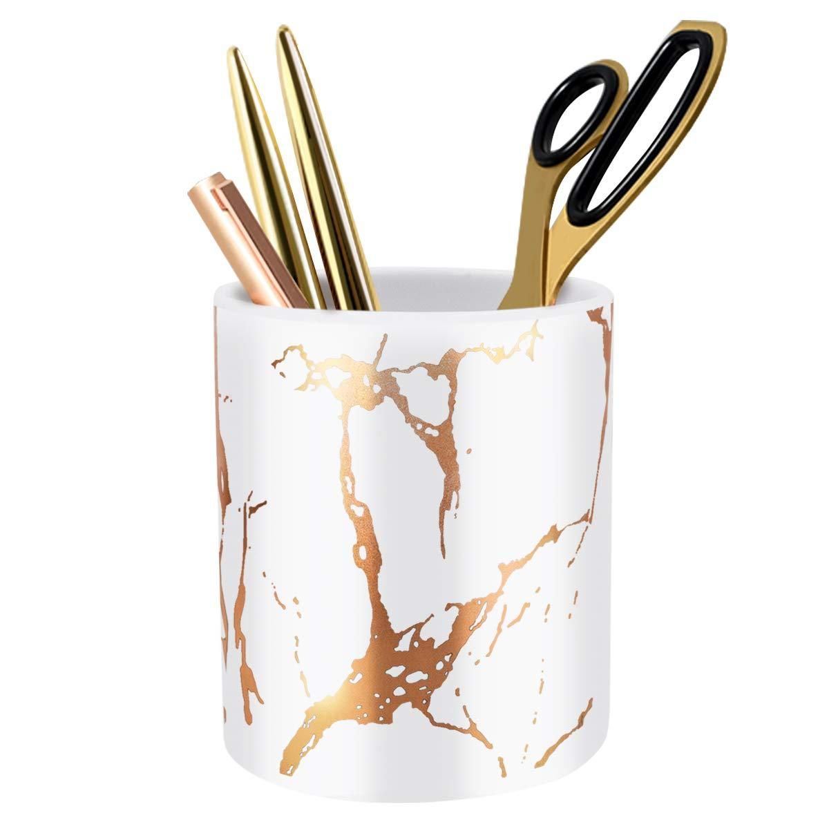 Pen Holder, Stand for Desk Marble Pattern Pencil Cup for Girls Kids Durable Ceramic Desk Organizer Makeup Brush Holder perfect Gift for Office, Classroom, Home, White Gold
