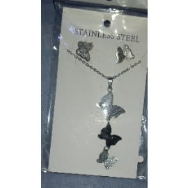 Butterfly Shaped Silver Necklace And Earrings - Longer Pendant
